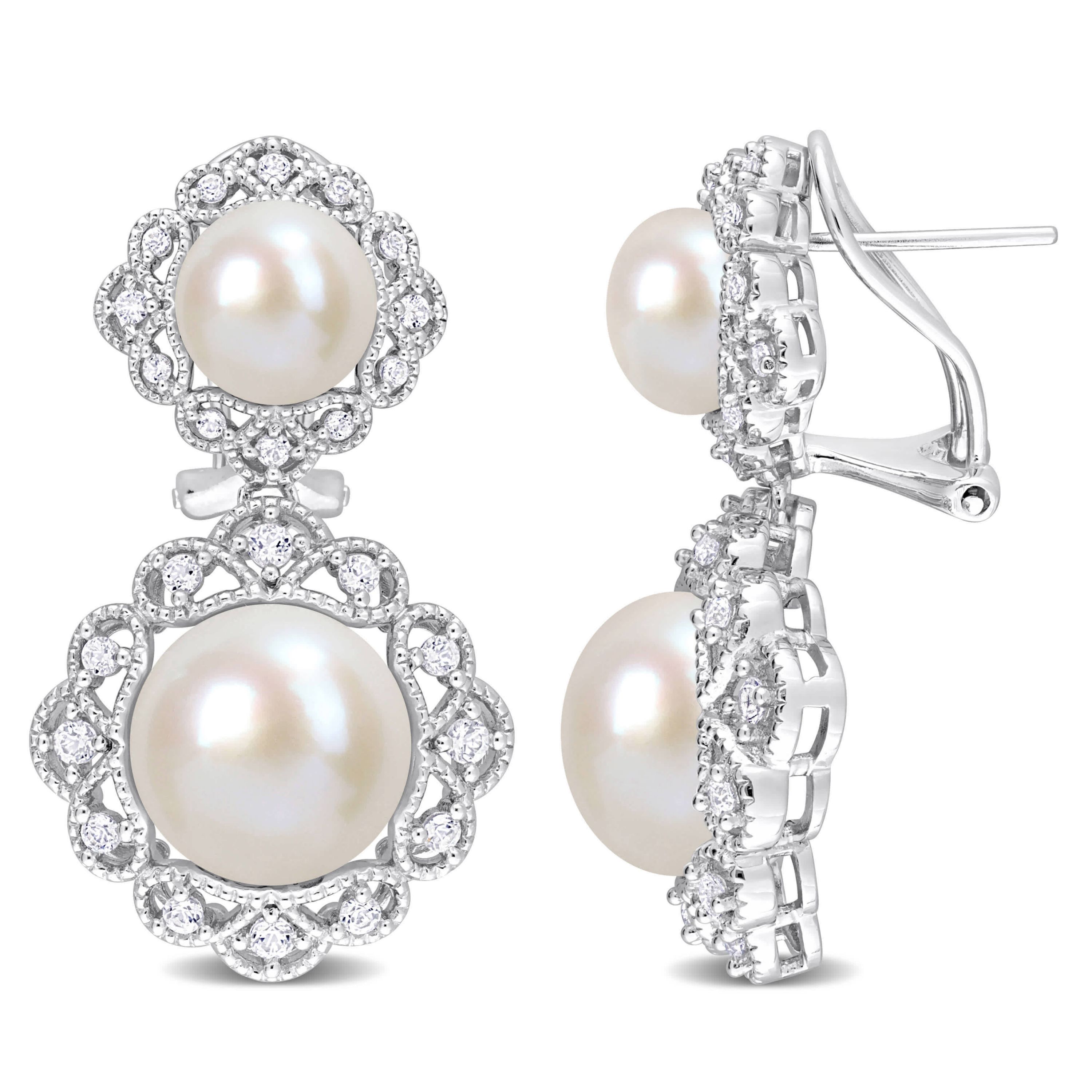 12-12.5mm, 8-8.5mm Freshwater Cultured Pearl and White Topaz Halo Drop Earrings in Sterling Silver
