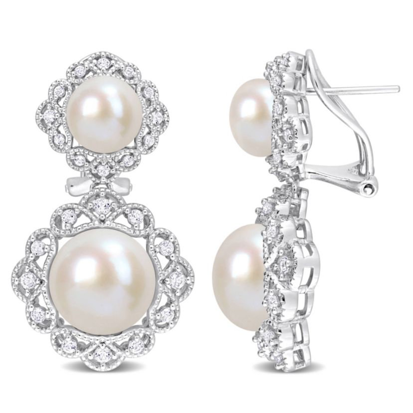 12-12.5mm, 8-8.5mm Freshwater Cultured Pearl and White Topaz Halo Drop Earrings in Sterling Silver