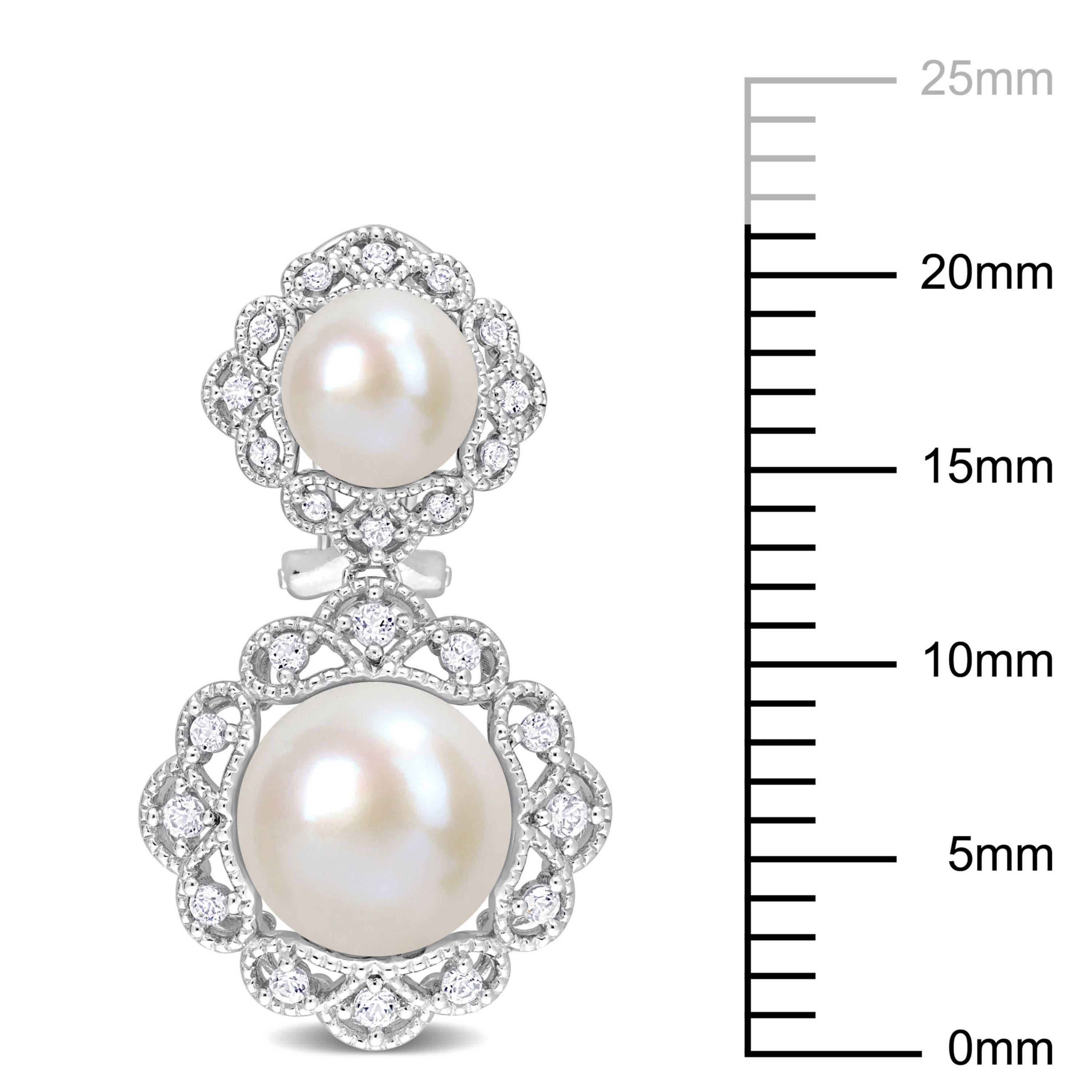 12-12.5mm, 8-8.5mm Freshwater Cultured Pearl and White Topaz Halo Drop Earrings in Sterling Silver