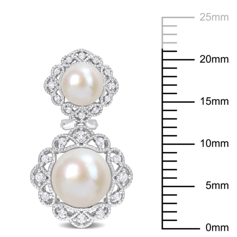 12-12.5mm, 8-8.5mm Freshwater Cultured Pearl and White Topaz Halo Drop Earrings in Sterling Silver