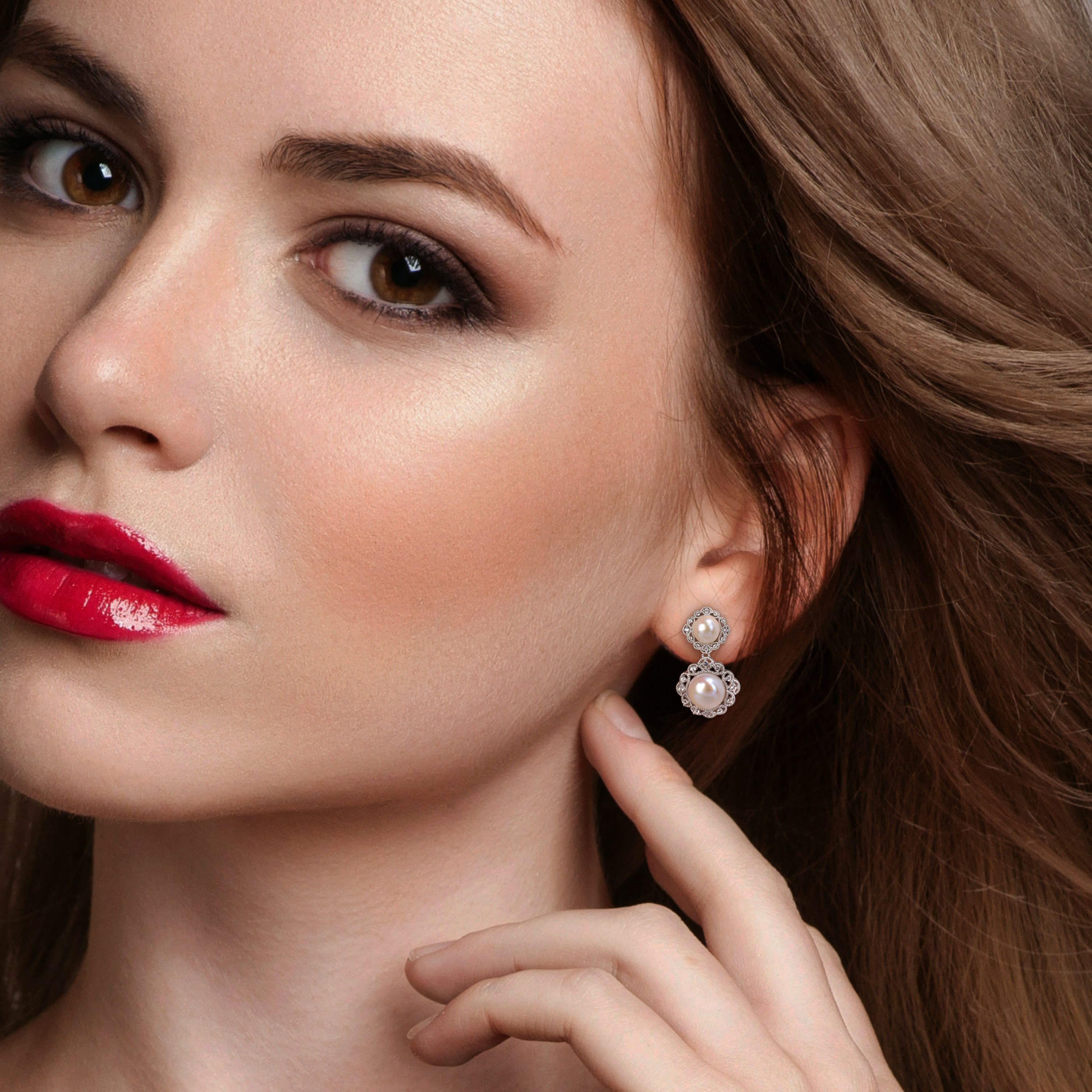 12-12.5mm, 8-8.5mm Freshwater Cultured Pearl and White Topaz Halo Drop Earrings in Sterling Silver