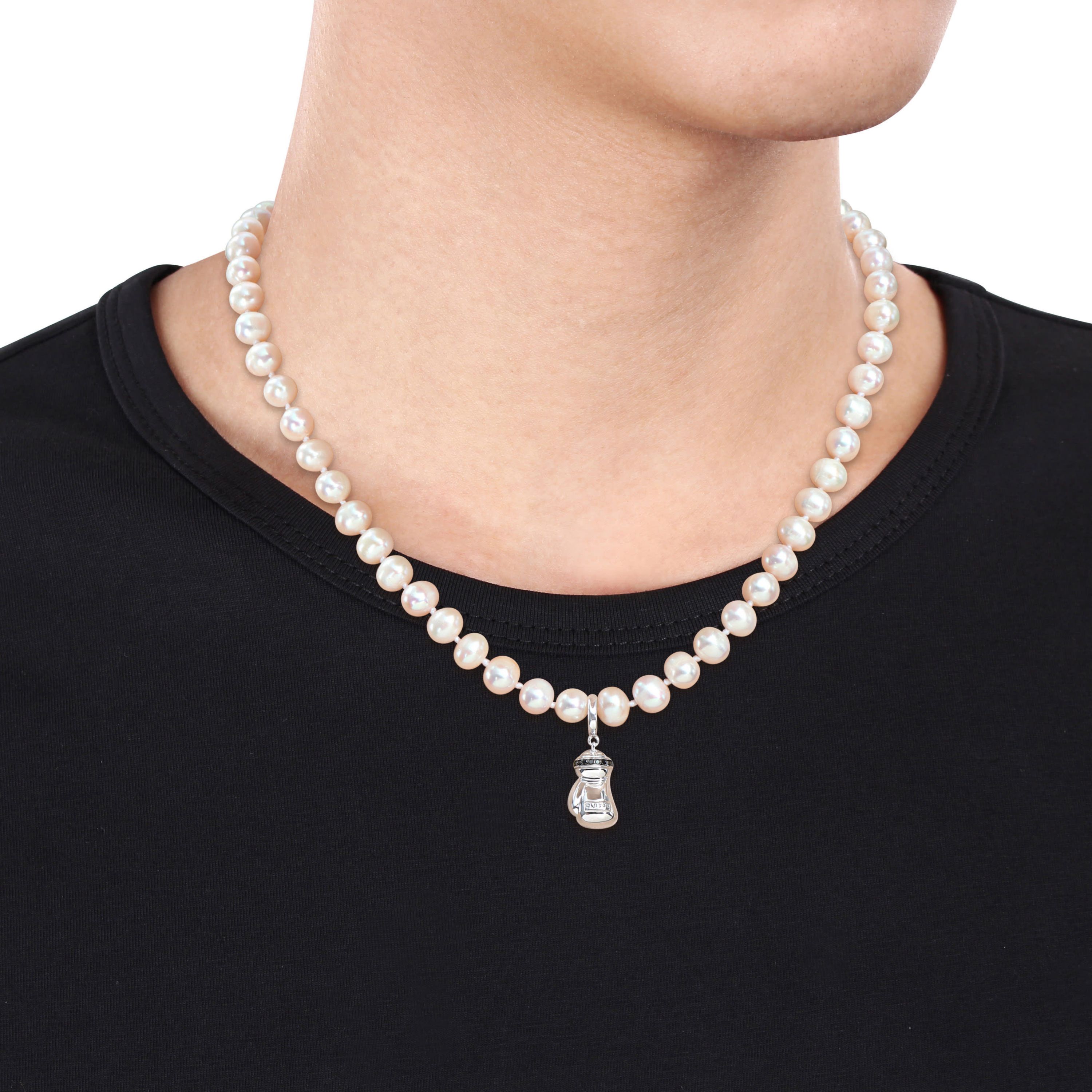 7-7.5mm Freshwater Cultured Pearl and Black Diamond Accent Boxing Glove Necklace in Sterling Silver