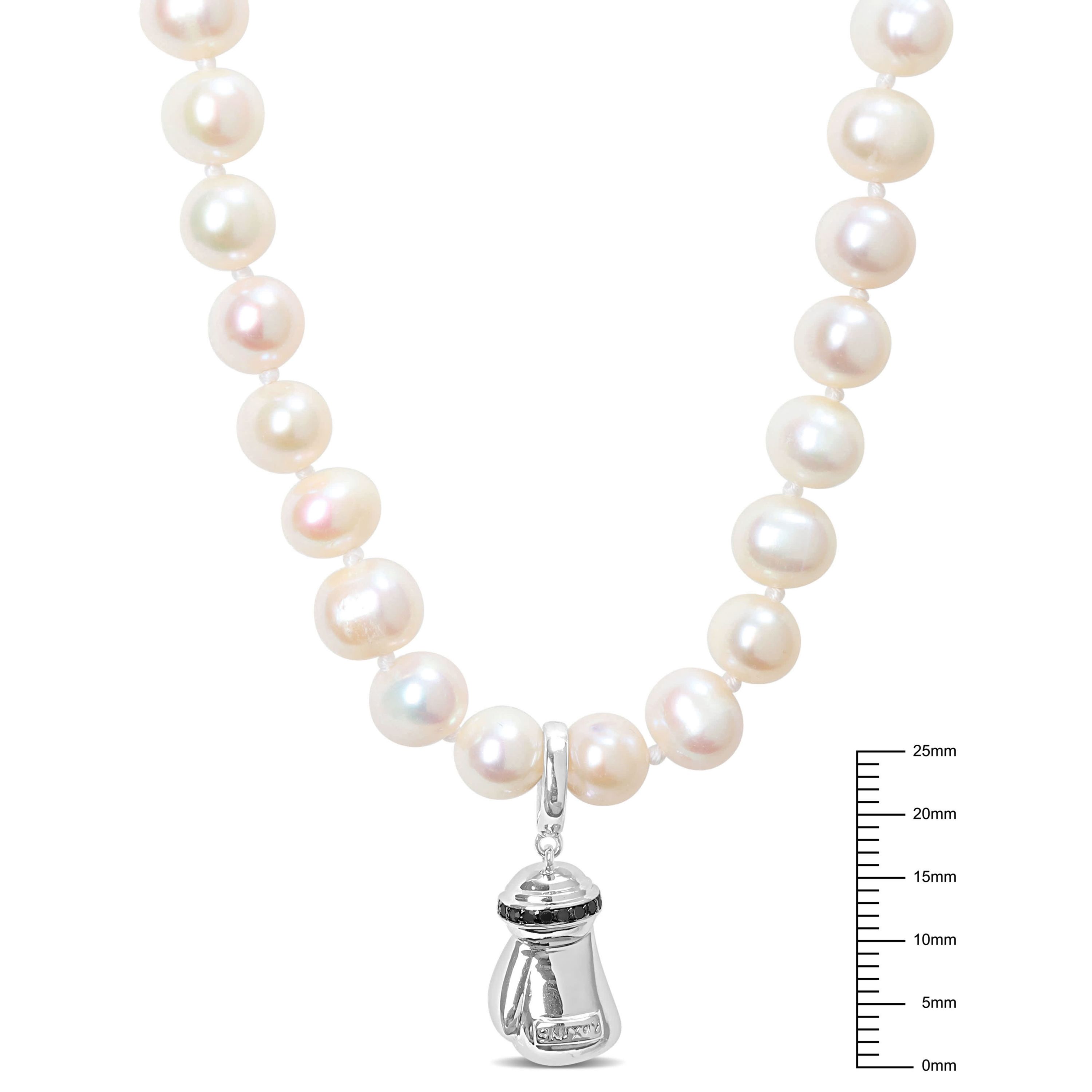7-7.5mm Freshwater Cultured Pearl and Black Diamond Accent Boxing Glove Necklace in Sterling Silver