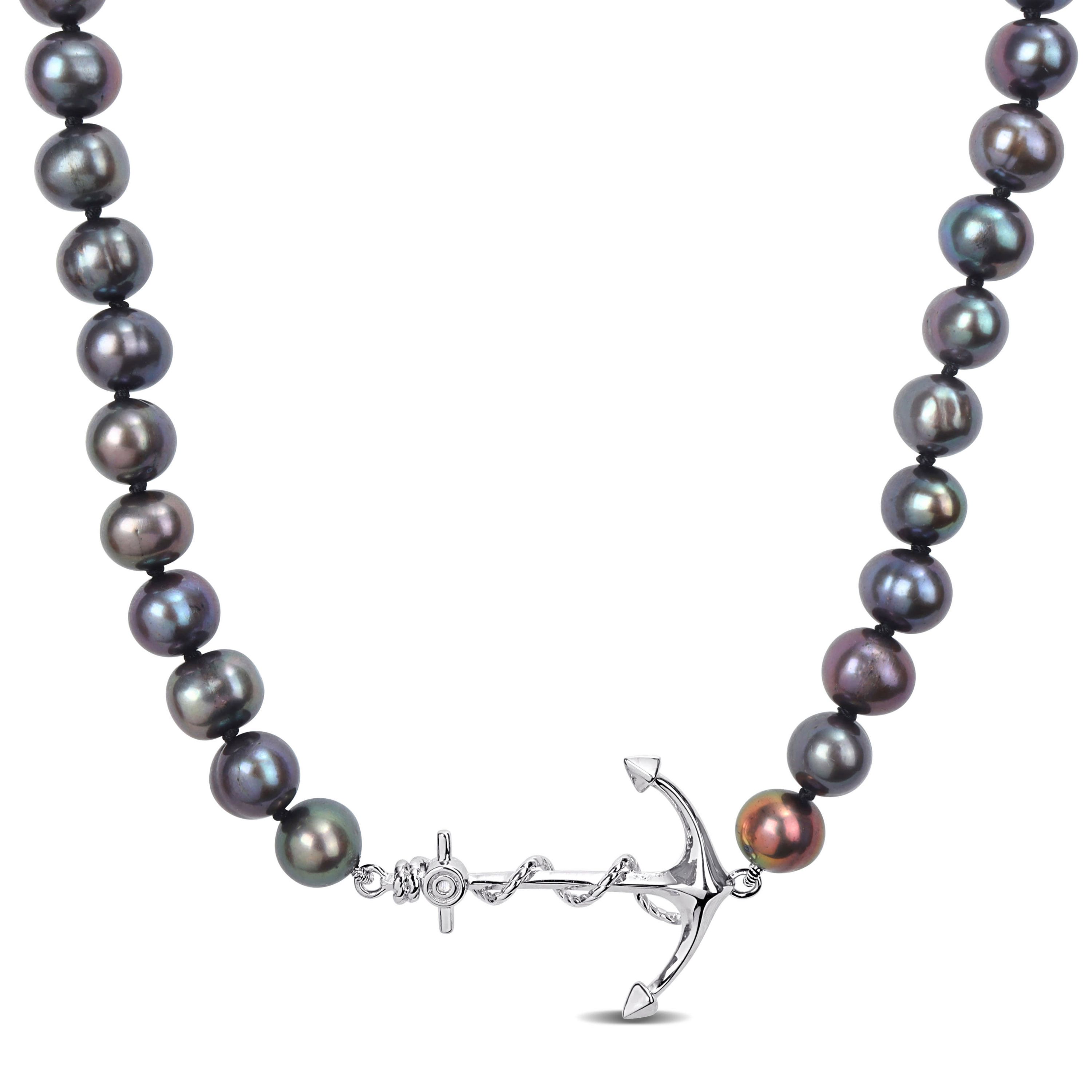 7-7.5mm Black Freshwater Cultured Pearl Anchor Charm Necklace in Sterling Silver