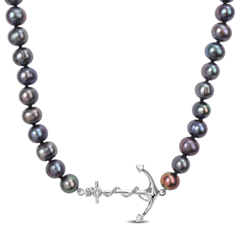 7-7.5mm Black Freshwater Cultured Pearl Anchor Charm Necklace in Sterling Silver