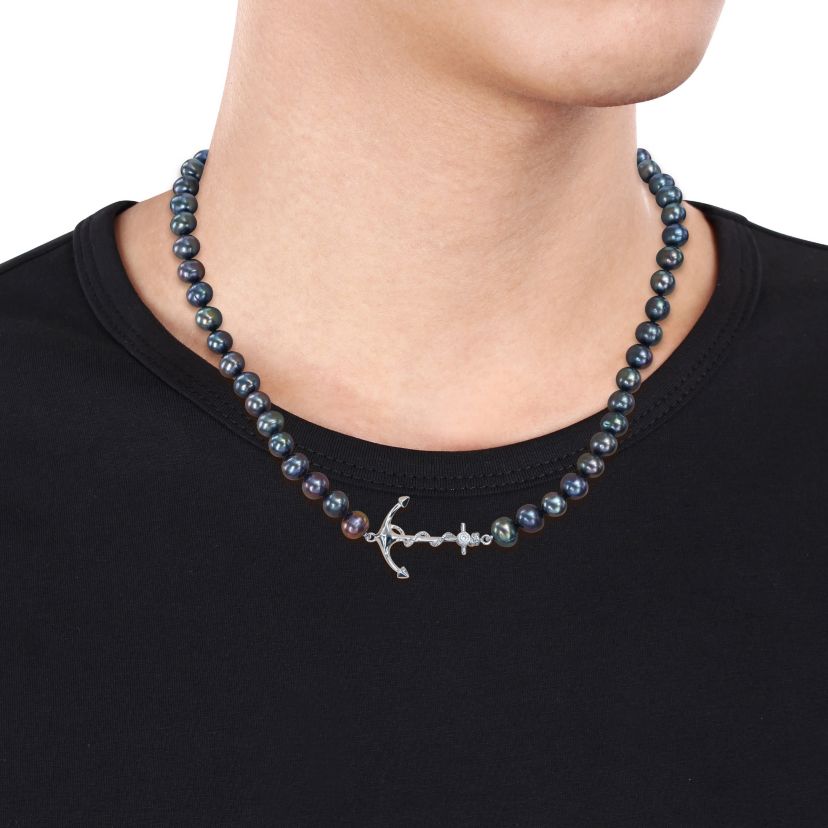 7-7.5mm Black Freshwater Cultured Pearl Anchor Charm Necklace in Sterling Silver