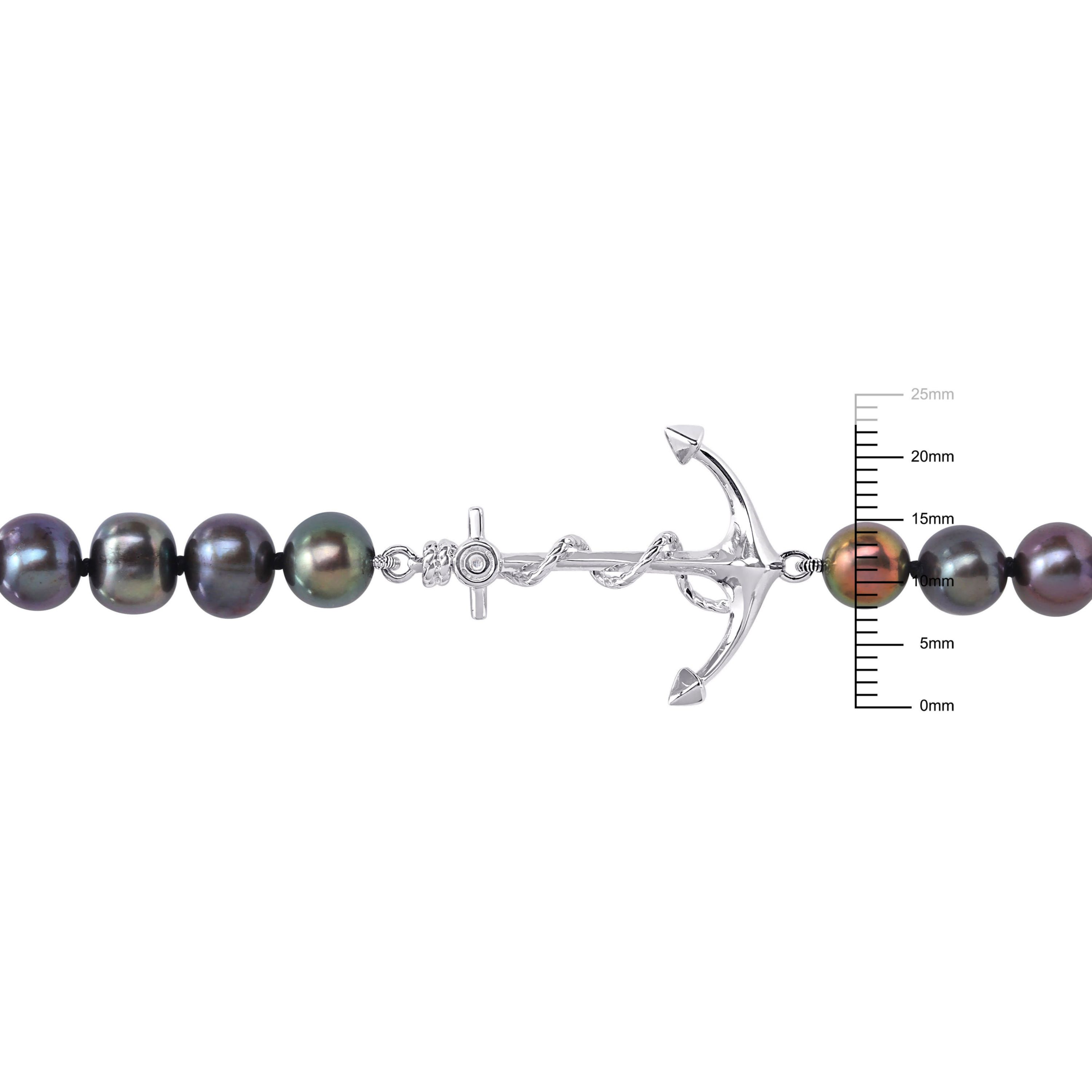 7-7.5mm Black Freshwater Cultured Pearl Anchor Charm Necklace in Sterling Silver