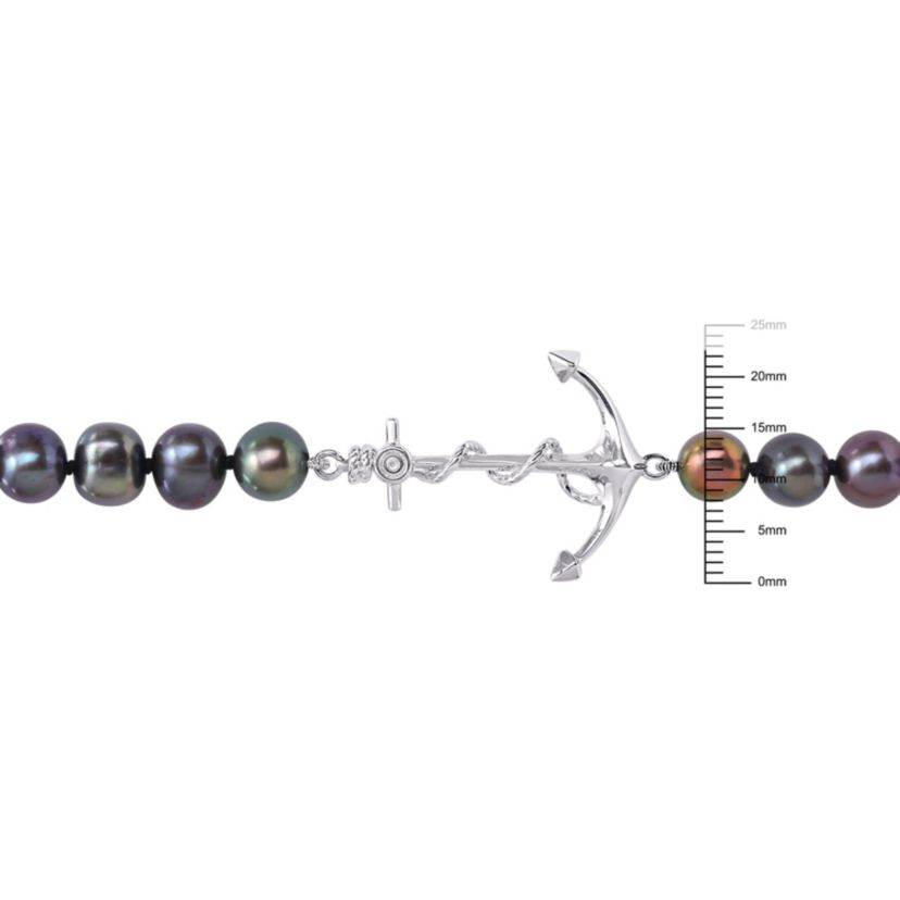 7-7.5mm Black Freshwater Cultured Pearl Anchor Charm Necklace in Sterling Silver