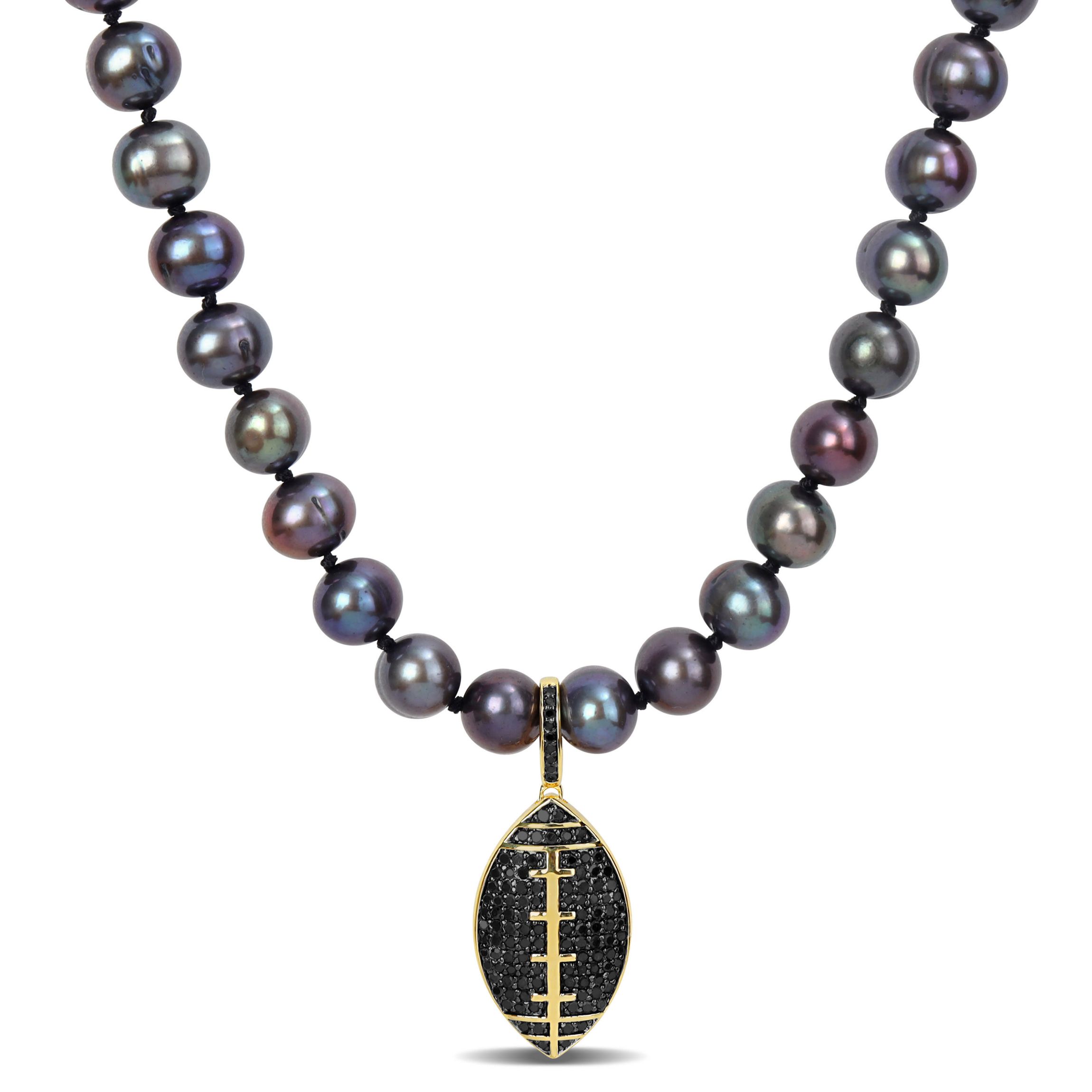 7-7.5mm Black Freshwater Cultured Pearl and 5/8 ct. t.w. Black Diamond Football Necklace in Yellow Plated Sterling Silver with Black Rhodium Plated