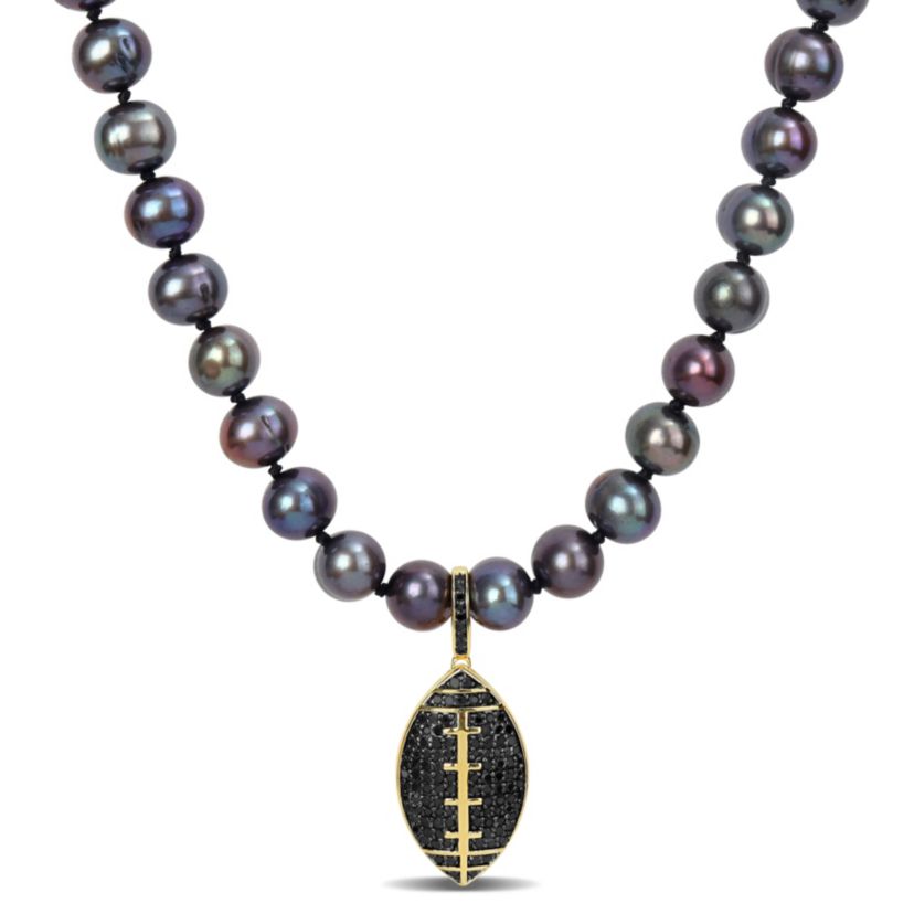 7-7.5mm Black Freshwater Cultured Pearl and 5/8 ct. t.w. Black Diamond Football Necklace in Yellow Plated Sterling Silver with Black Rhodium Plated