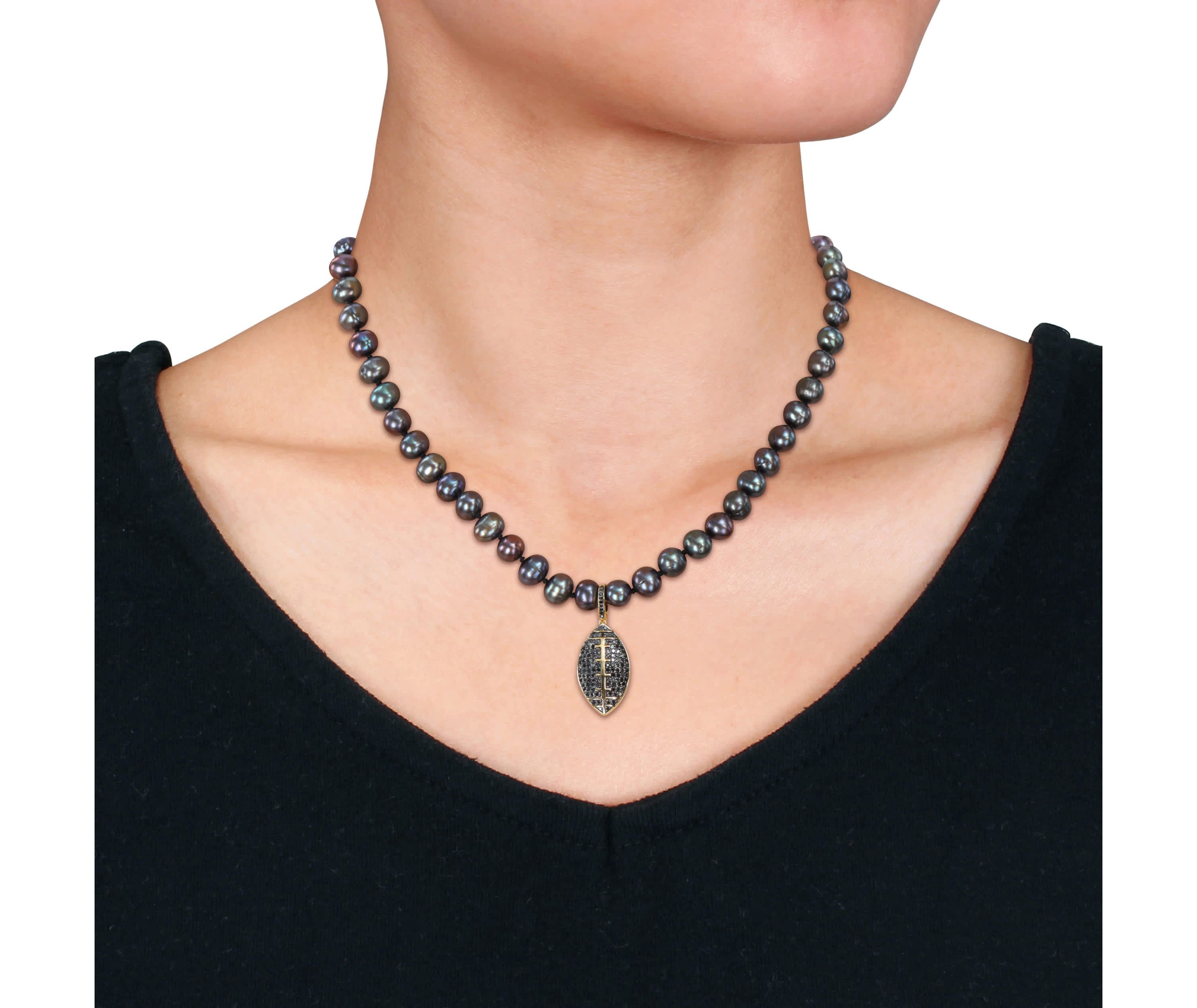 7-7.5mm Black Freshwater Cultured Pearl and 5/8 ct. t.w. Black Diamond Football Necklace in Yellow Plated Sterling Silver with Black Rhodium Plated