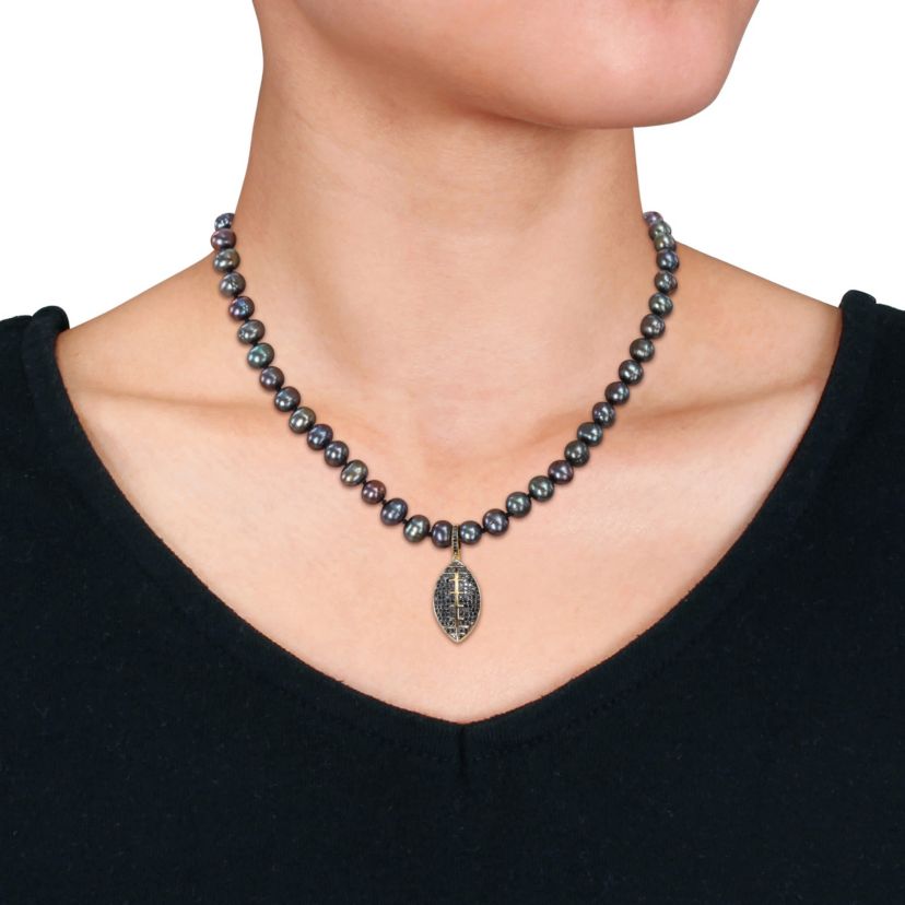 7-7.5mm Black Freshwater Cultured Pearl and 5/8 ct. t.w. Black Diamond Football Necklace in Yellow Plated Sterling Silver with Black Rhodium Plated