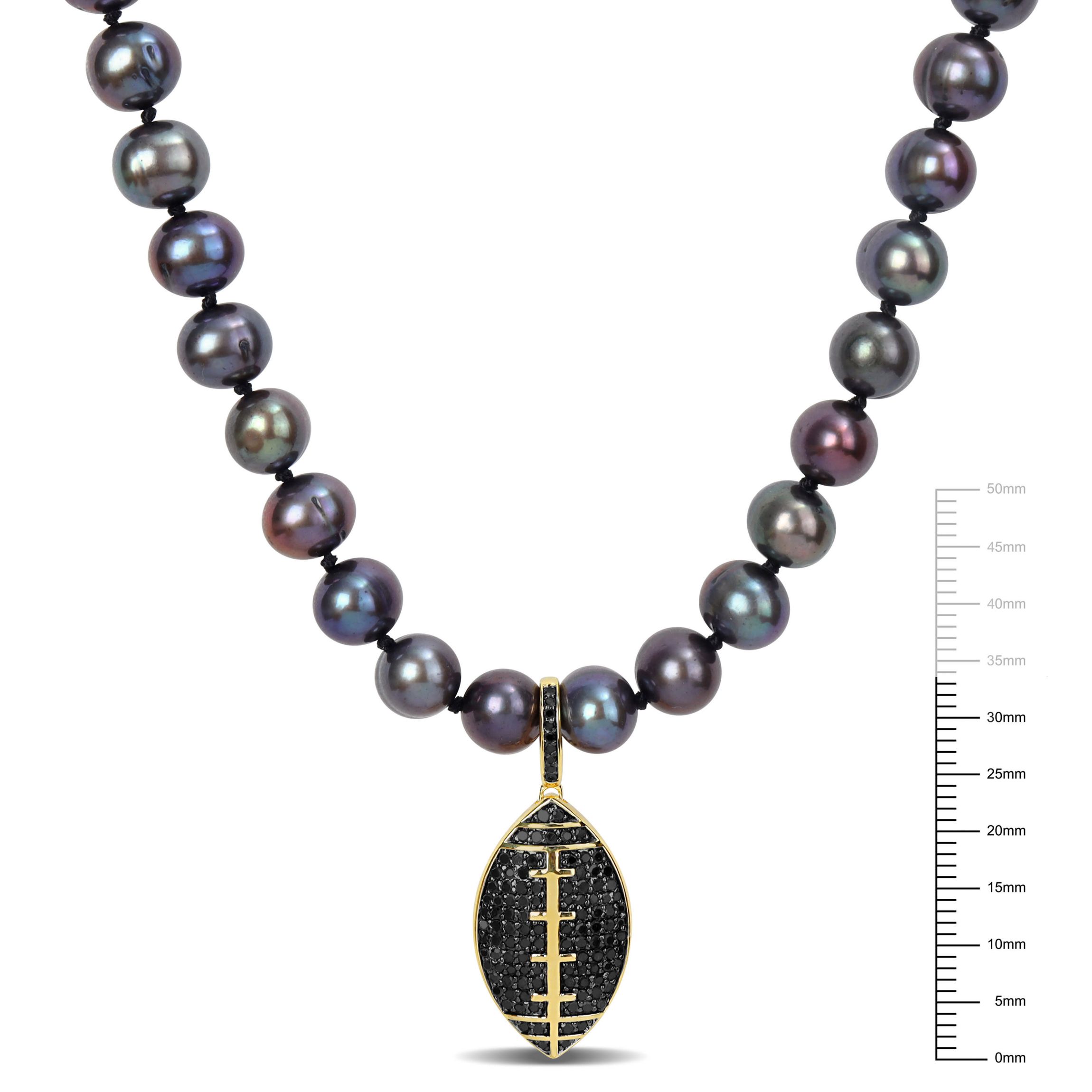 7-7.5mm Black Freshwater Cultured Pearl and 5/8 ct. t.w. Black Diamond Football Necklace in Yellow Plated Sterling Silver with Black Rhodium Plated