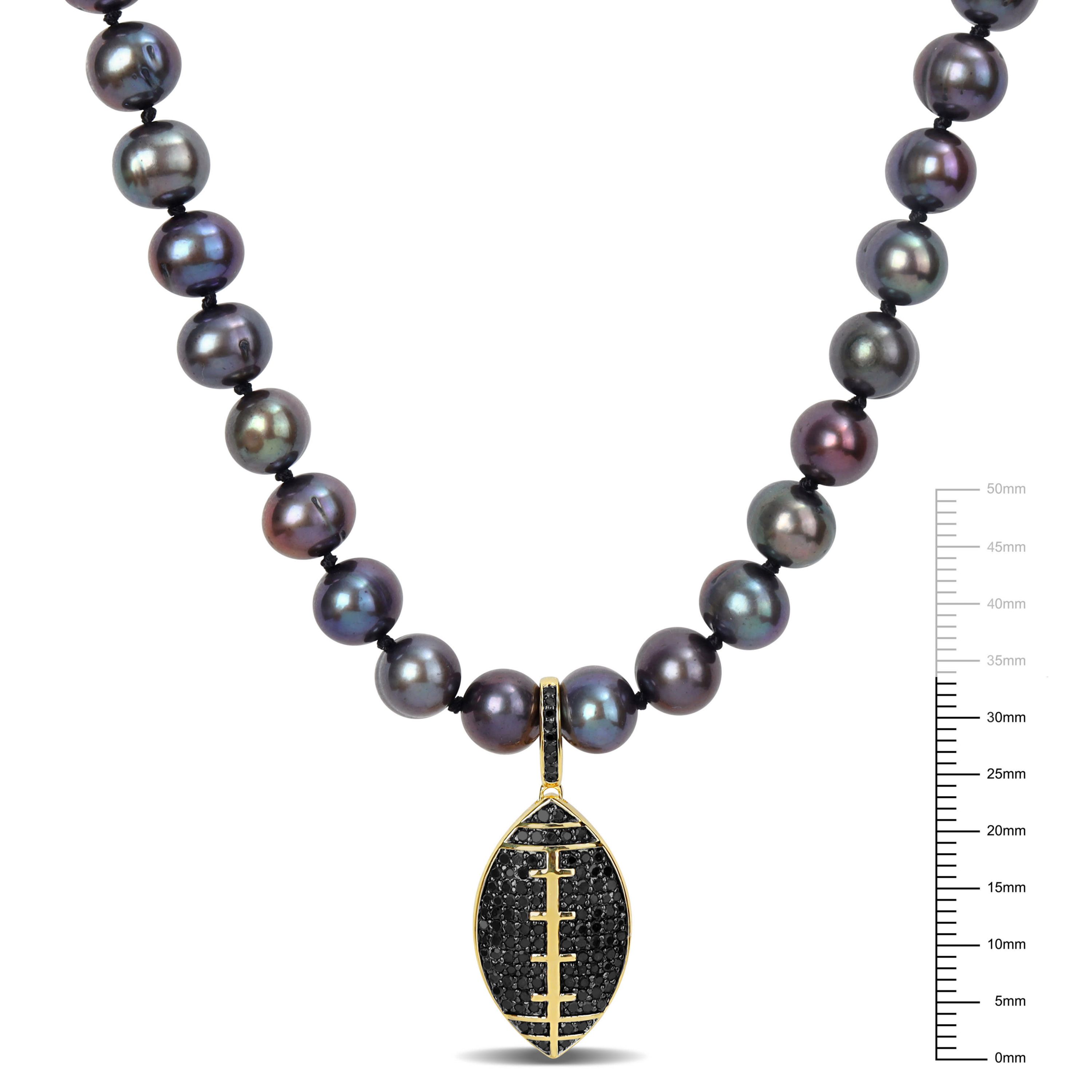 7-7.5mm Black Freshwater Cultured Pearl and 5/8 ct. t.w. Black Diamond Football Necklace in Yellow Plated Sterling Silver with Black Rhodium Plated