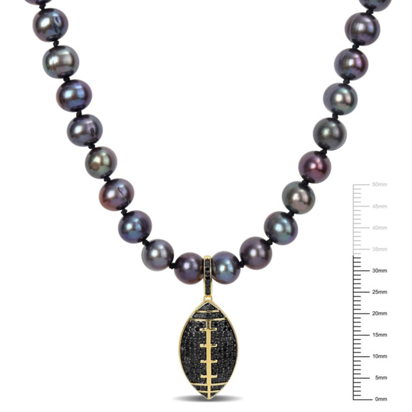 7-7.5mm Black Freshwater Cultured Pearl and 5/8 ct. t.w. Black Diamond Football Necklace in Yellow Plated Sterling Silver with Black Rhodium Plated