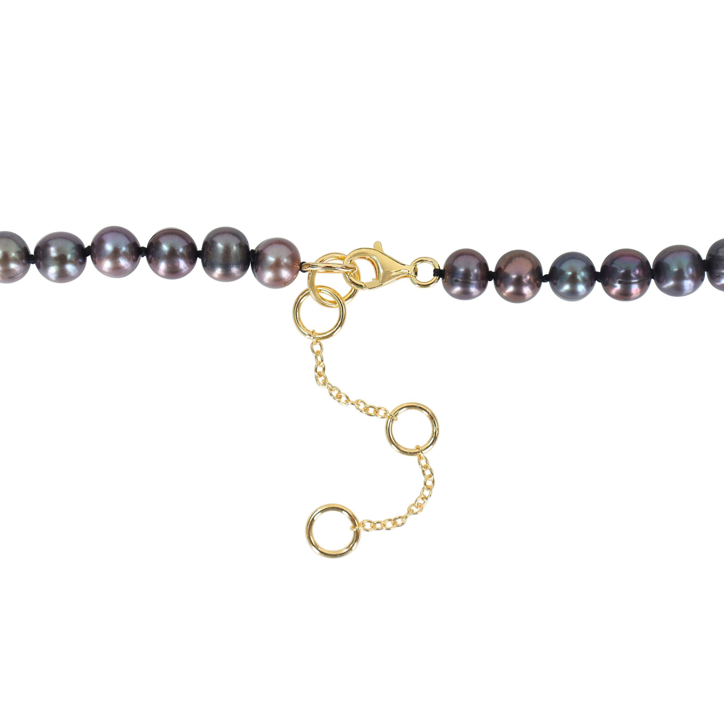 7-7.5mm Black Freshwater Cultured Pearl and 5/8 ct. t.w. Black Diamond Football Necklace in Yellow Plated Sterling Silver with Black Rhodium Plated
