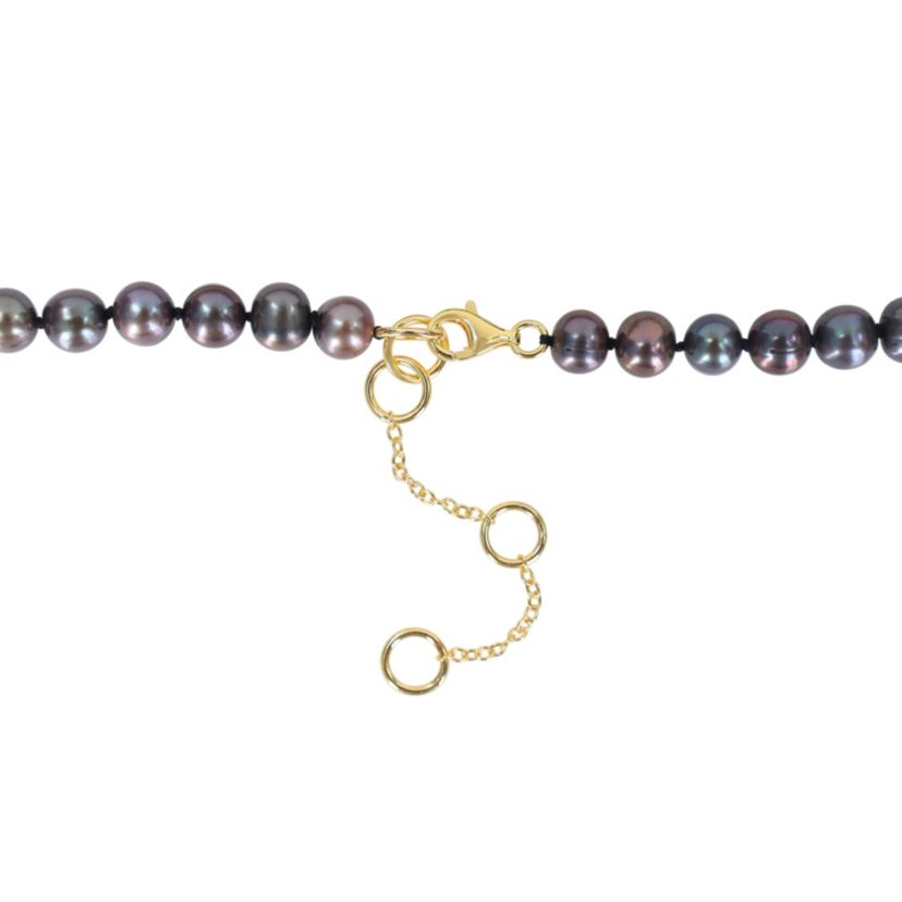 7-7.5mm Black Freshwater Cultured Pearl and 5/8 ct. t.w. Black Diamond Football Necklace in Yellow Plated Sterling Silver with Black Rhodium Plated