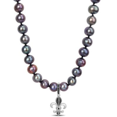 Belk & Co Men's 7-7.5mm Black Freshwater Cultured Pearl and 1/10 ct. t.w. Black Diamond Necklace in Sterling Silver with Black Rhodium Plated, White