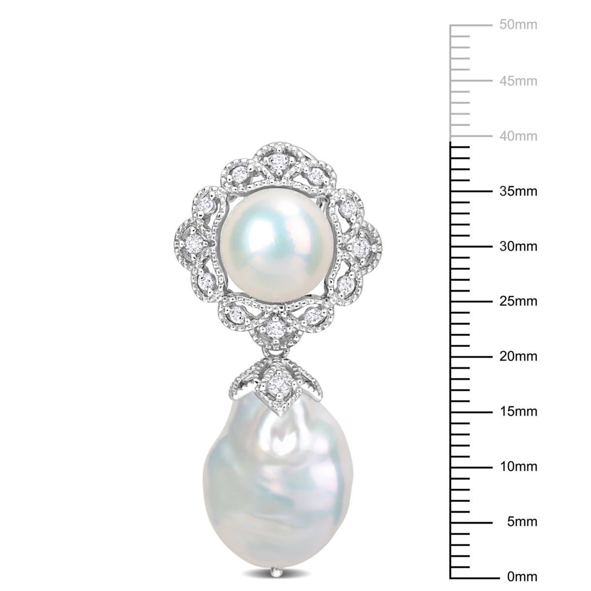 14-14.5mm, 10-10.5mm White Freshwater Cultured Pearl and White Topaz Pearl Drop Earrings in Sterling Silver