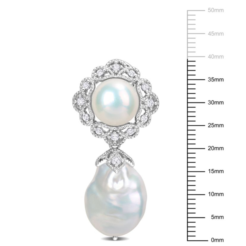 14-14.5mm, 10-10.5mm White Freshwater Cultured Pearl and White Topaz Pearl Drop Earrings in Sterling Silver