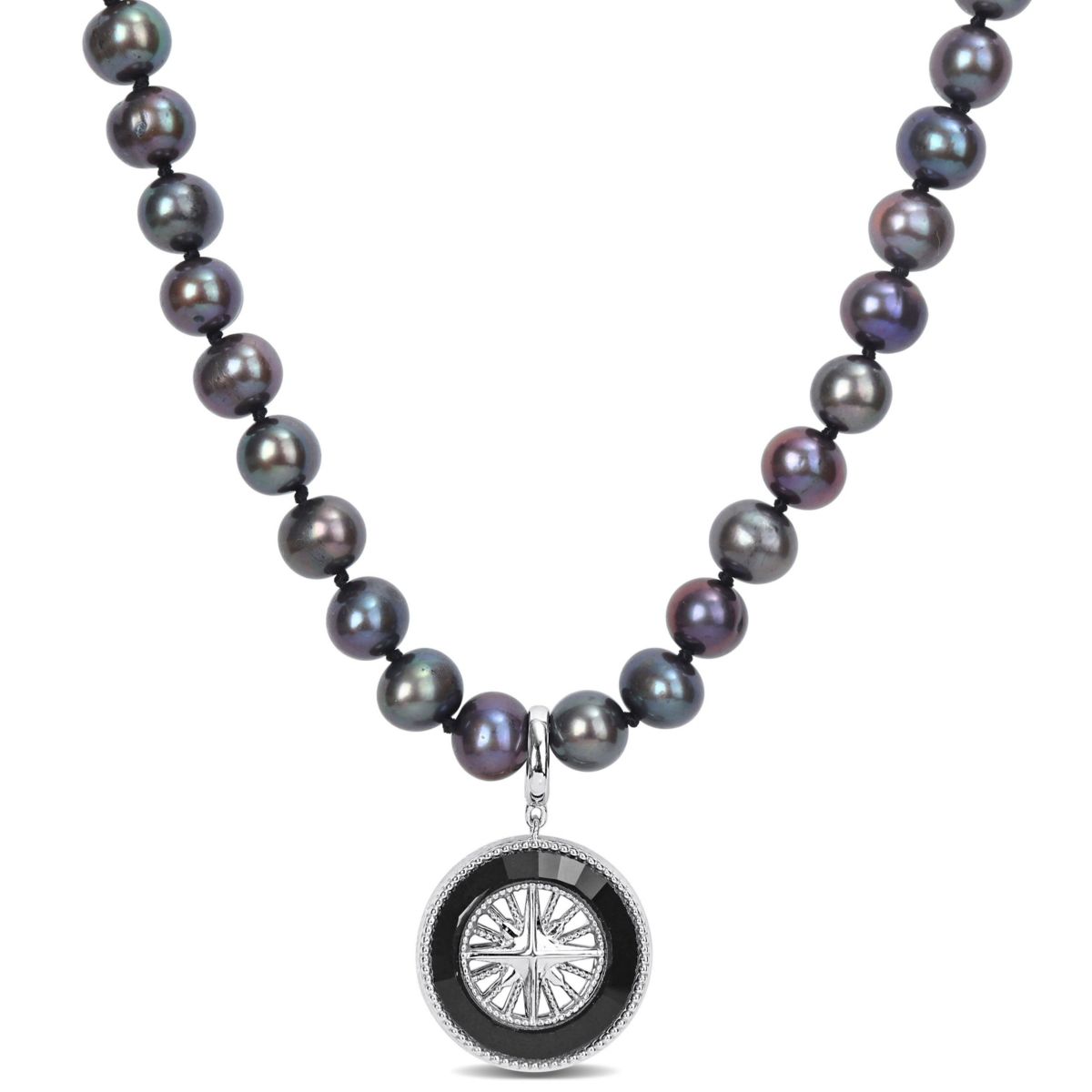 7-7.5mm Black Freshwater Cultured Pearl and Black Agate Necklace in Sterling Silver