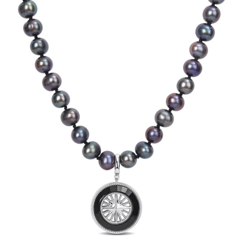 7-7.5mm Black Freshwater Cultured Pearl and Black Agate Necklace in Sterling Silver