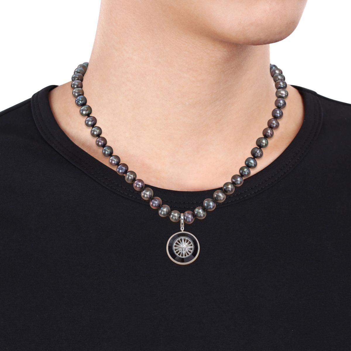 7-7.5mm Black Freshwater Cultured Pearl and Black Agate Necklace in Sterling Silver