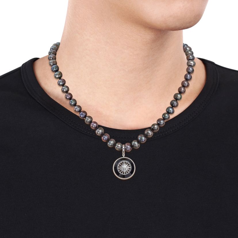 7-7.5mm Black Freshwater Cultured Pearl and Black Agate Necklace in Sterling Silver