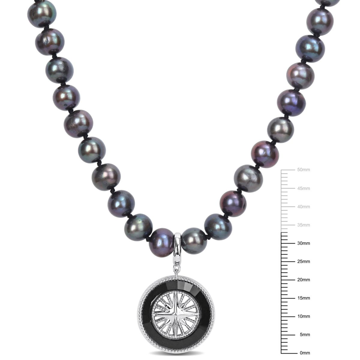 7-7.5mm Black Freshwater Cultured Pearl and Black Agate Necklace in Sterling Silver