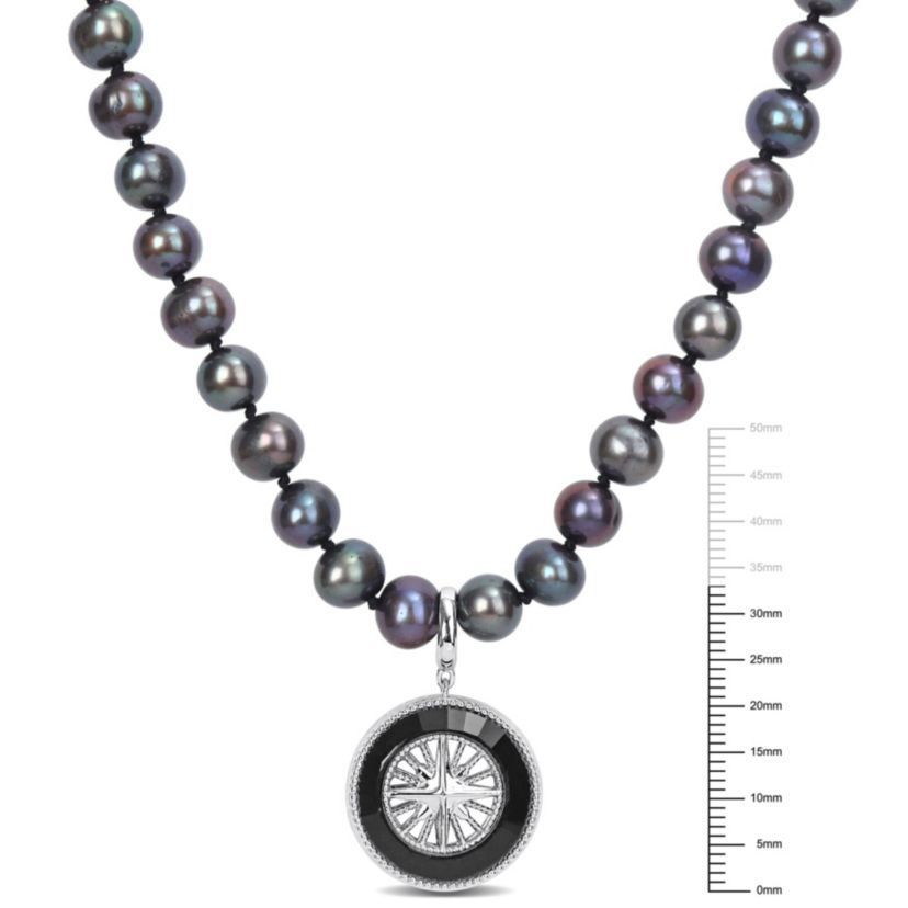 7-7.5mm Black Freshwater Cultured Pearl and Black Agate Necklace in Sterling Silver