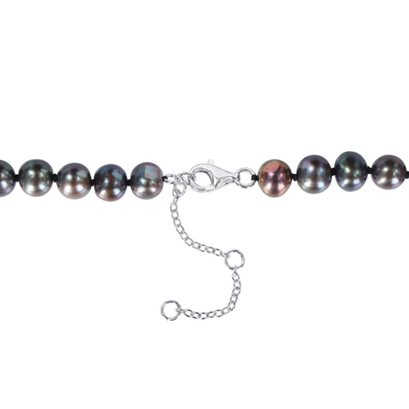 7-7.5mm Black Freshwater Cultured Pearl and Black Agate Necklace in Sterling Silver