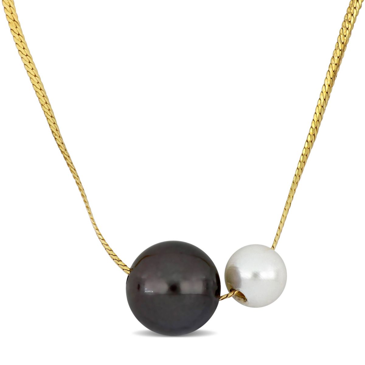 14.5mm Black  Tahitian and 9.5mm Freshwater Cultured Pearl Herringbone Necklace in Yellow Plated Sterling Silver
