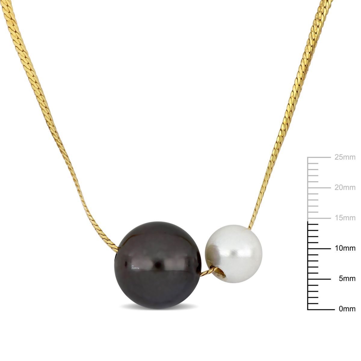 14.5mm Black  Tahitian and 9.5mm Freshwater Cultured Pearl Herringbone Necklace in Yellow Plated Sterling Silver