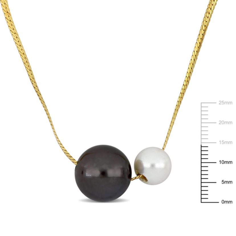 14.5mm Black  Tahitian and 9.5mm Freshwater Cultured Pearl Herringbone Necklace in Yellow Plated Sterling Silver