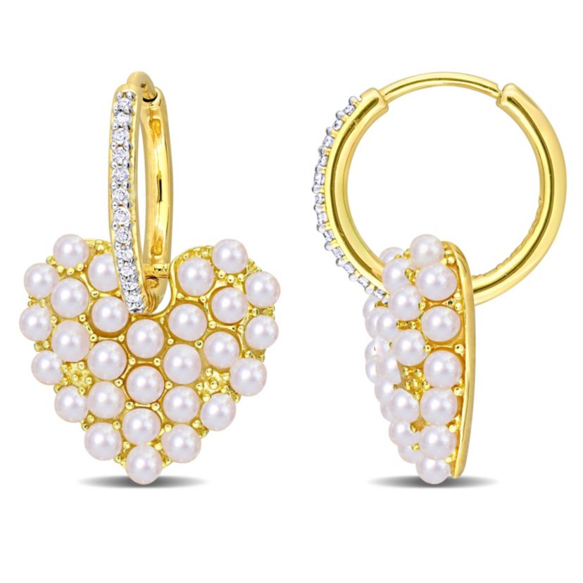 2-2.5mm Freshwater Cultured Pearl and 1/8 ct. t.w. Diamond Heart Charm Huggie Hoop Earrings in Yellow Plated Sterling Silver