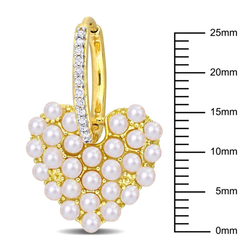 2-2.5mm Freshwater Cultured Pearl and 1/8 ct. t.w. Diamond Heart Charm Huggie Hoop Earrings in Yellow Plated Sterling Silver