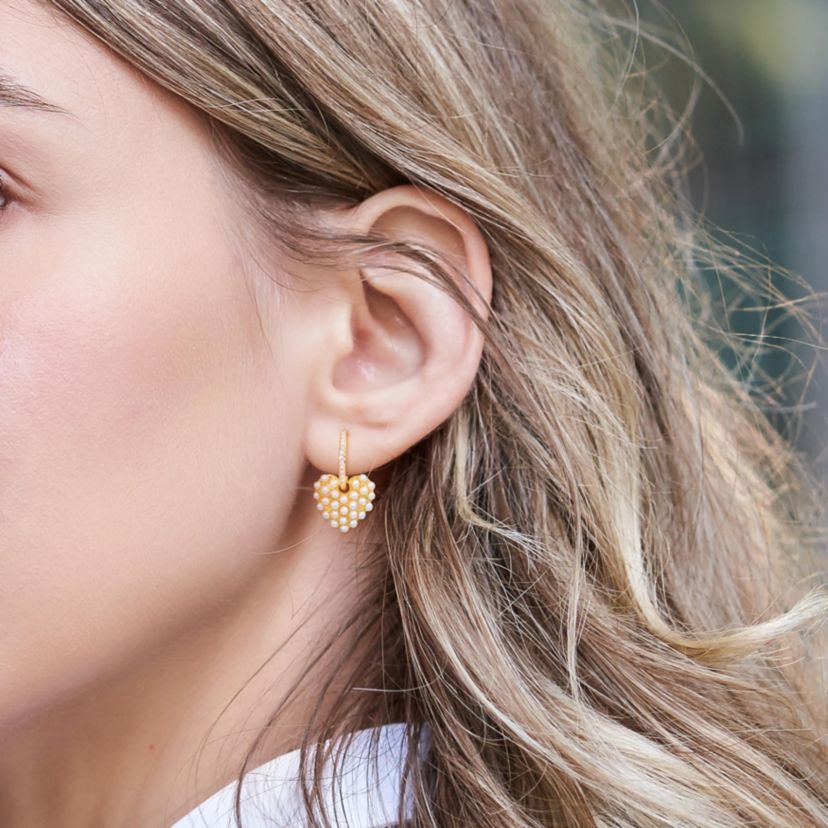 2-2.5mm Freshwater Cultured Pearl and 1/8 ct. t.w. Diamond Heart Charm Huggie Hoop Earrings in Yellow Plated Sterling Silver