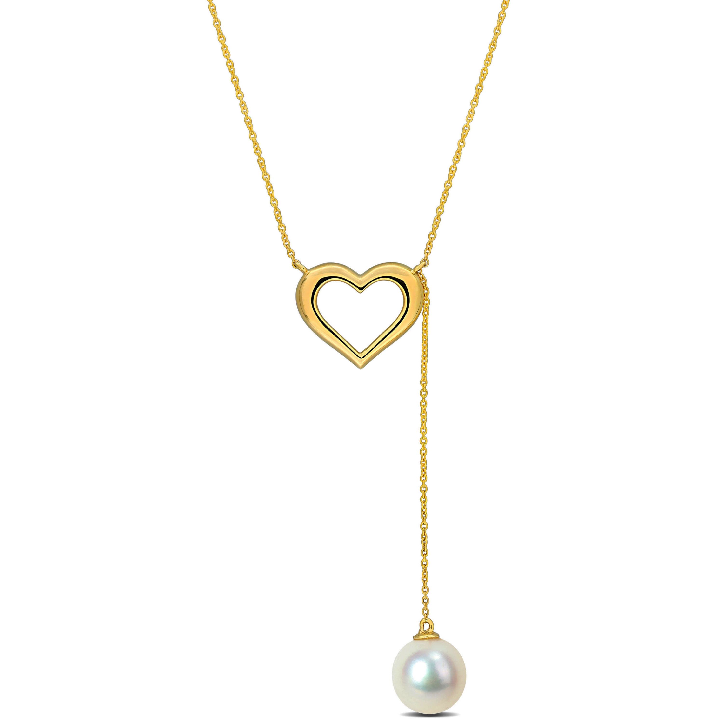 8-8.5mm Freshwater Cultured Pearl Heart Lariat Necklace in 10K Yellow Gold