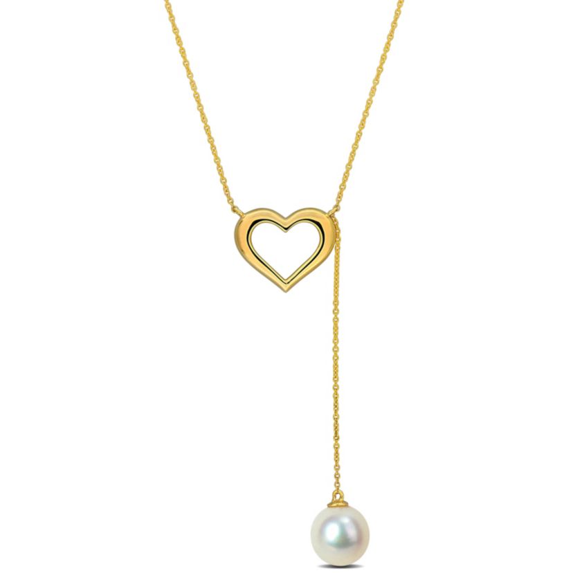 8-8.5mm Freshwater Cultured Pearl Heart Lariat Necklace in 10K Yellow Gold