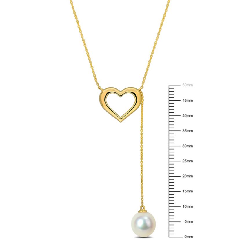 8-8.5mm Freshwater Cultured Pearl Heart Lariat Necklace in 10K Yellow Gold