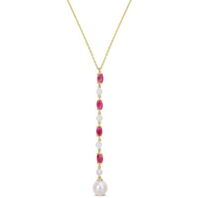 Belk & Co 7.5-8mm Freshwater Cultured Pearl and Ruby with 1/5 ct. t.w. Diamond Drop Lariat Necklace in 10K Yellow Gold