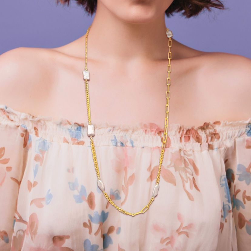 10-16.5mm Freshwater Cultured Pearl Station Necklace in Yellow Plated Sterling Silver