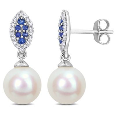 Belk & Co 8mm Freshwater Cultured Pearl, 1/7 ct. t.w. Diamond and Sapphire Halo Drop Earrings in 14K White Gold