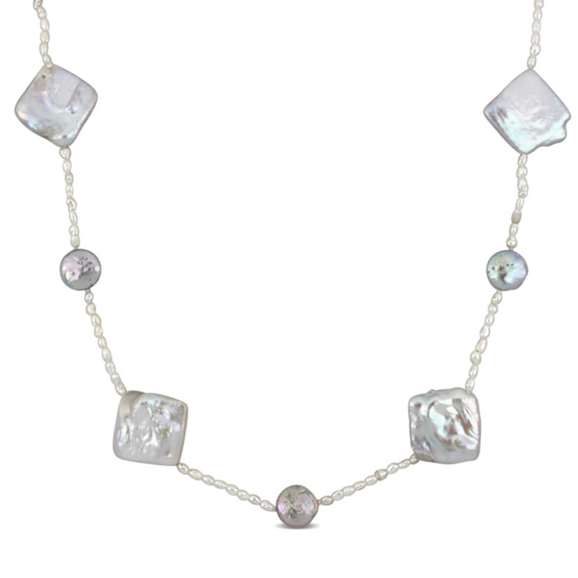 7-16mm, 6-9.5mm, 2-12mm Freshwater Cultured Pearl Station Necklace in Sterling Silver