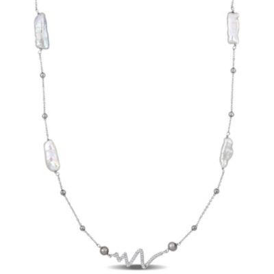Haylee Jewels 5mm Grey and 7-28mm White Freshwater Cultured Pearl and Cubic Zirconia Endless Necklace in Sterling Silver