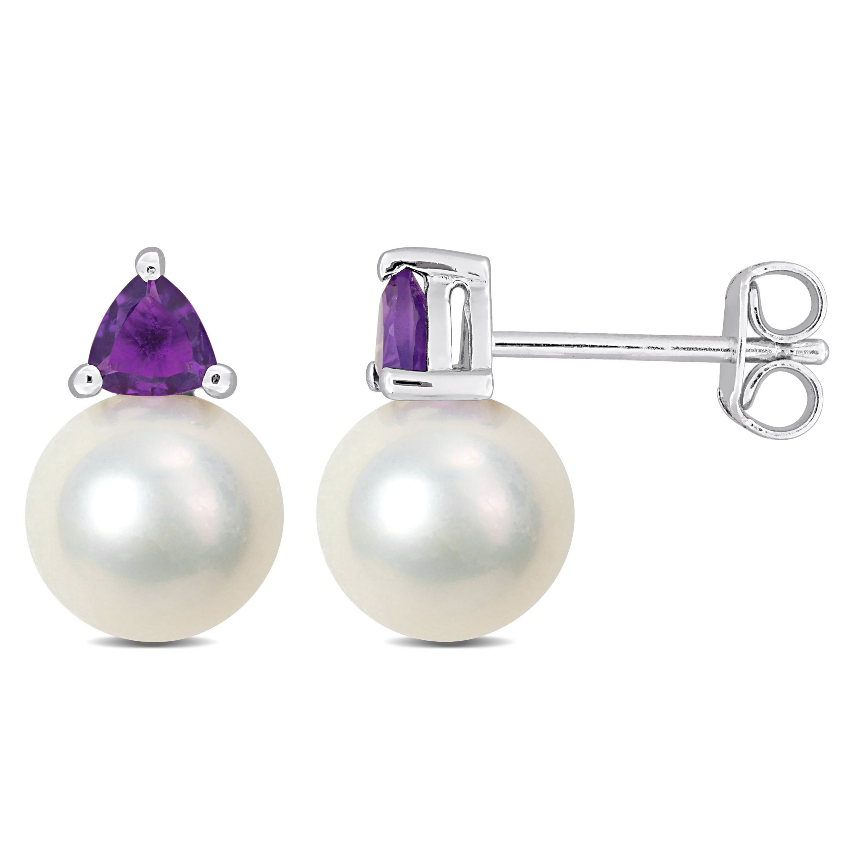 8-8.5mm Freshwater Cultured Pearl and Amethyst Stud Earrings in Sterling Silver