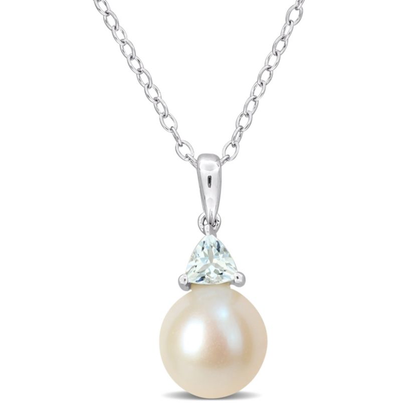 8-8.5mm Freshwater Cultured Pearl and Aquamarine Drop Pendant with Chain in Sterling Silver