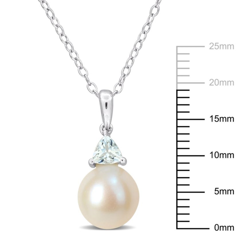8-8.5mm Freshwater Cultured Pearl and Aquamarine Drop Pendant with Chain in Sterling Silver