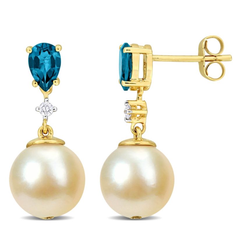 8.5-9mm Golden South Sea Cultured Pearl and London Blue Topaz with Diamond Accent Drop Earrings  in 14K Yellow Gold