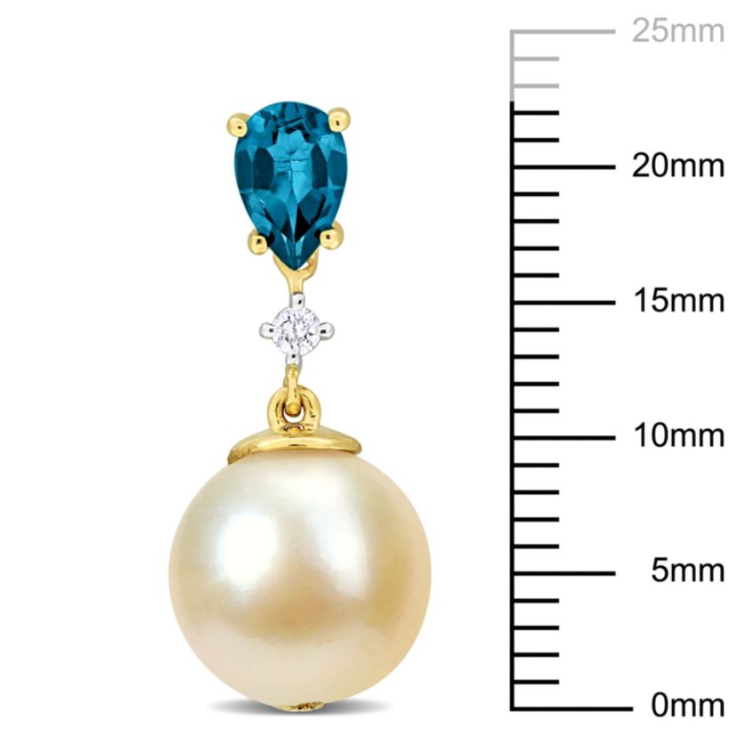 8.5-9mm Golden South Sea Cultured Pearl and London Blue Topaz with Diamond Accent Drop Earrings  in 14K Yellow Gold